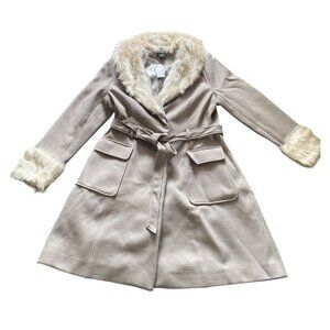 City Chic Make Me Blush Coat Stone Sz 16 Faux Fur Collar Cuffs Belted Jacket NEW
